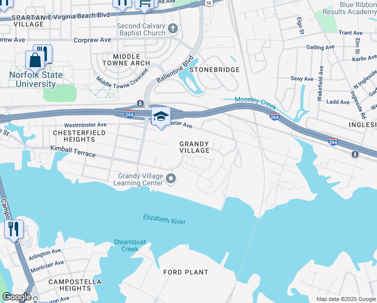map of restaurants, bars, coffee shops, grocery stores, and more near 3151 Kimball Terrace in Norfolk
