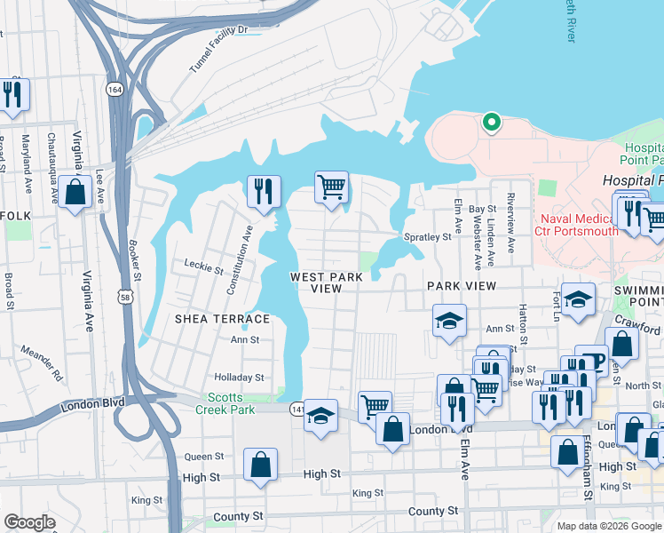 map of restaurants, bars, coffee shops, grocery stores, and more near 1708 McDaniel Street in Portsmouth