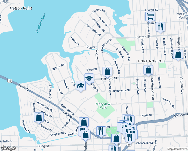 map of restaurants, bars, coffee shops, grocery stores, and more near 3505 Creig Street in Portsmouth