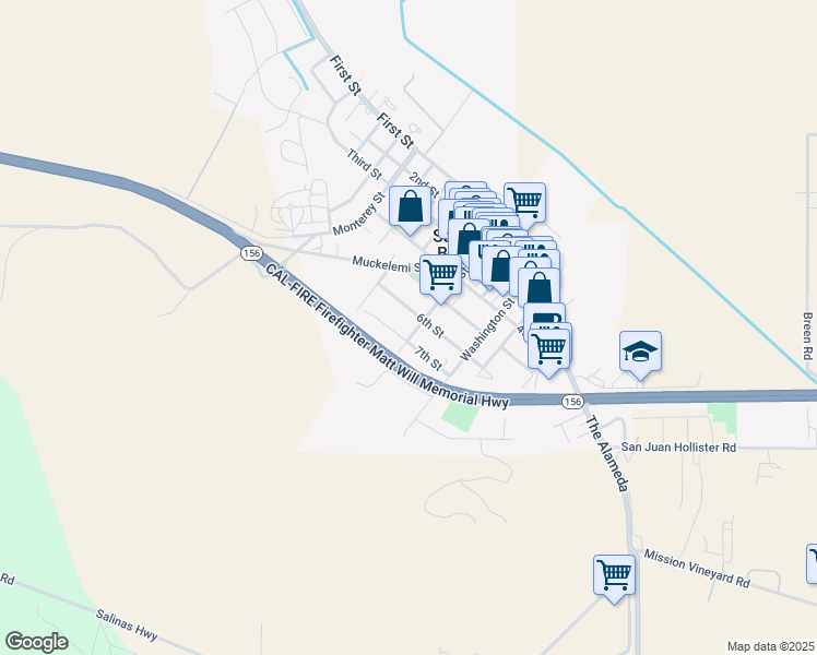 map of restaurants, bars, coffee shops, grocery stores, and more near 67 Polk Street in San Juan Bautista
