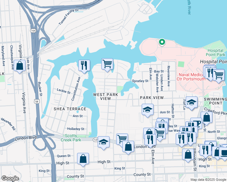 map of restaurants, bars, coffee shops, grocery stores, and more near 1608 McDaniel Street in Portsmouth