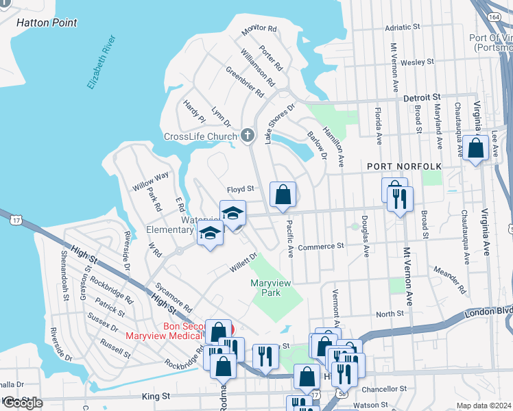 map of restaurants, bars, coffee shops, grocery stores, and more near 3505 Creig Street in Portsmouth