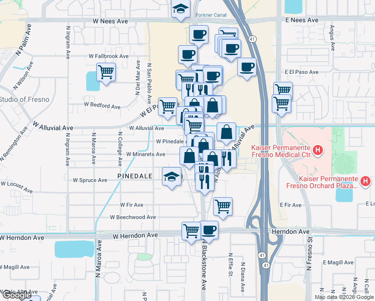 map of restaurants, bars, coffee shops, grocery stores, and more near 48 West Minarets Avenue in Fresno