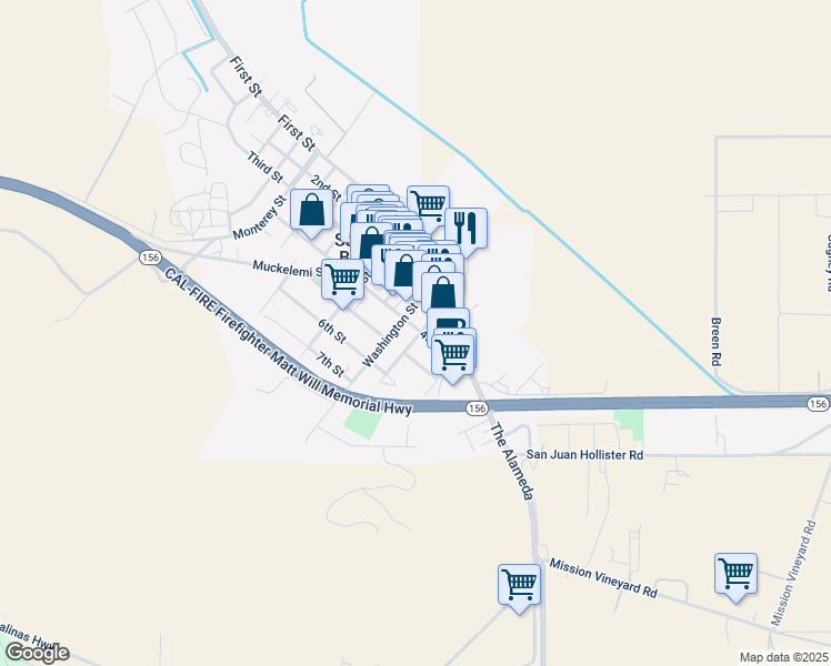 map of restaurants, bars, coffee shops, grocery stores, and more near 41 Franklin Street in San Juan Bautista