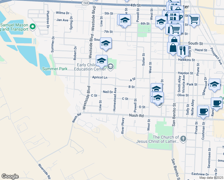 map of restaurants, bars, coffee shops, grocery stores, and more near 820 Neil Drive in Hollister