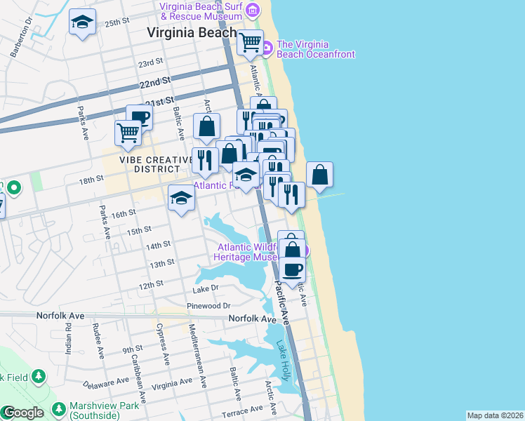 map of restaurants, bars, coffee shops, grocery stores, and more near 1418 Pacific Avenue in Virginia Beach