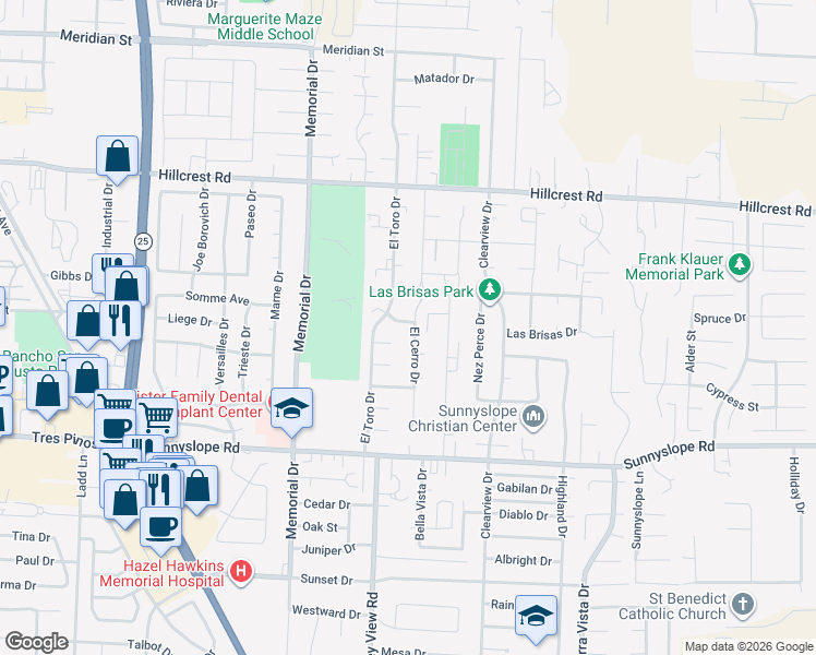 map of restaurants, bars, coffee shops, grocery stores, and more near 1295 Poppy Lane Drive in Hollister
