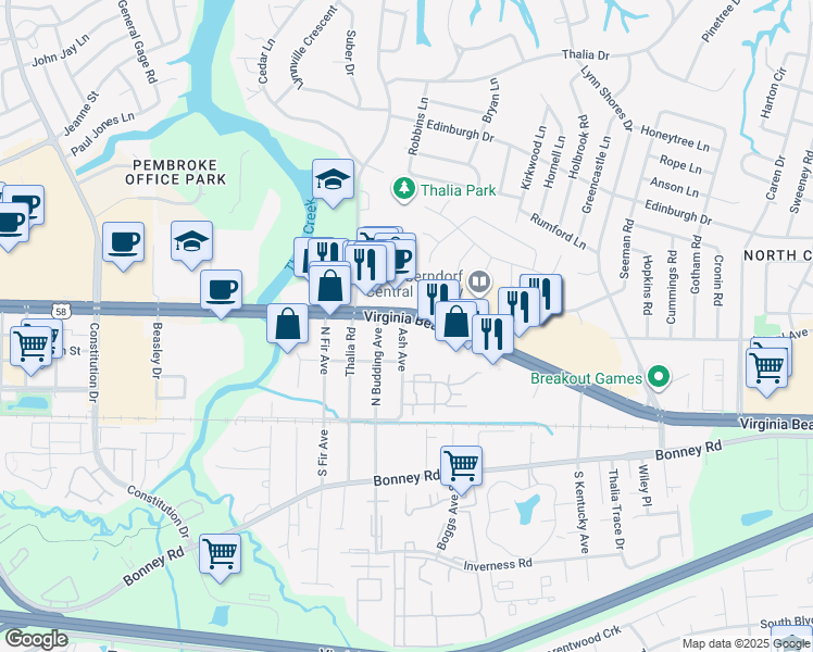 map of restaurants, bars, coffee shops, grocery stores, and more near 69 Ash Avenue in Virginia Beach