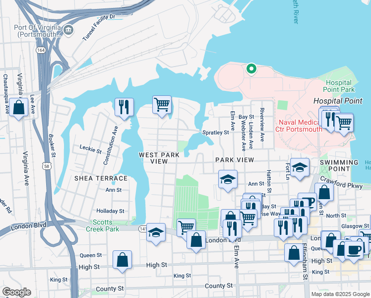 map of restaurants, bars, coffee shops, grocery stores, and more near 1500 McDaniel Street in Portsmouth