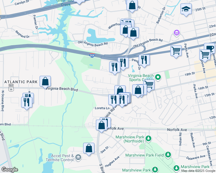 map of restaurants, bars, coffee shops, grocery stores, and more near 1127 Carver Avenue in Virginia Beach