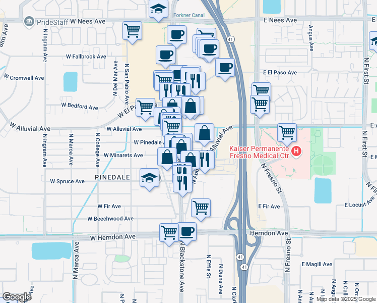map of restaurants, bars, coffee shops, grocery stores, and more near 7314 North Blackstone Avenue in Fresno