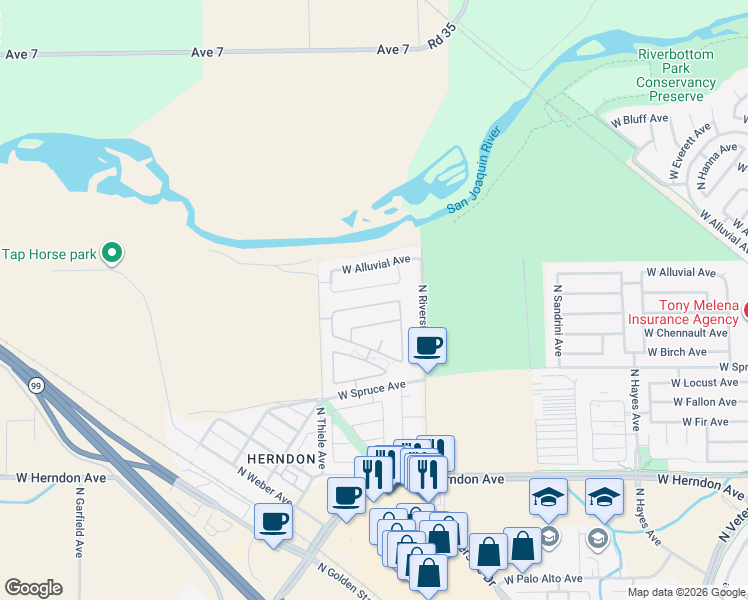 map of restaurants, bars, coffee shops, grocery stores, and more near 6734 West Alana Drive in Fresno