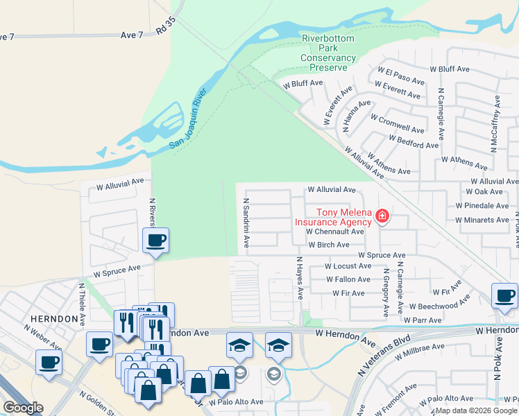 map of restaurants, bars, coffee shops, grocery stores, and more near 6215 West Pinedale Avenue in Fresno