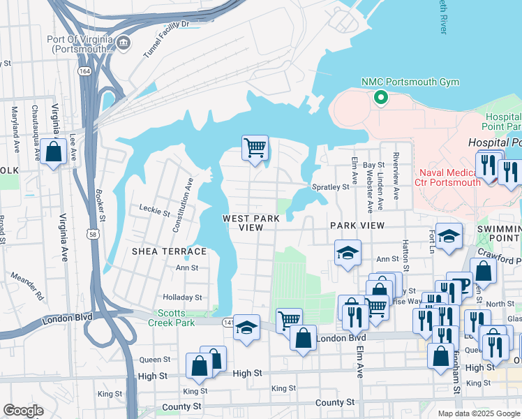 map of restaurants, bars, coffee shops, grocery stores, and more near 1618 McDaniel Street in Portsmouth