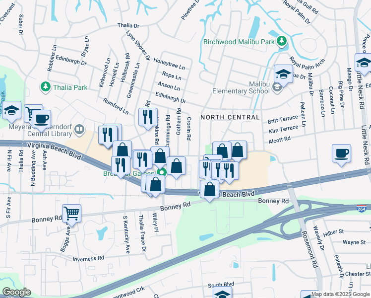 map of restaurants, bars, coffee shops, grocery stores, and more near 405 Cronin Road in Virginia Beach