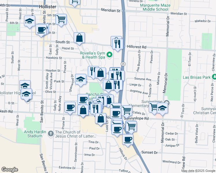 map of restaurants, bars, coffee shops, grocery stores, and more near 9 East Park Street in Hollister