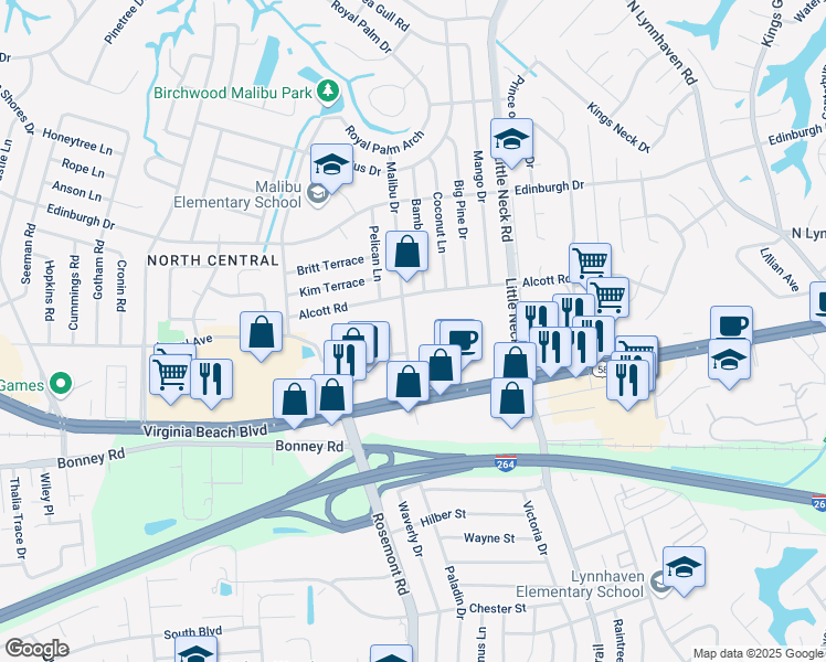 map of restaurants, bars, coffee shops, grocery stores, and more near 334 Malibu Drive in Virginia Beach