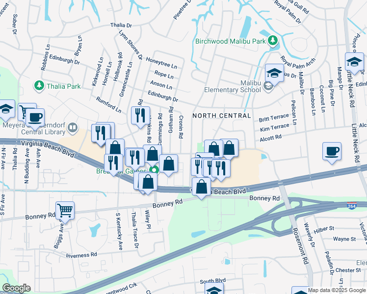 map of restaurants, bars, coffee shops, grocery stores, and more near 404 Cronin Road in Virginia Beach