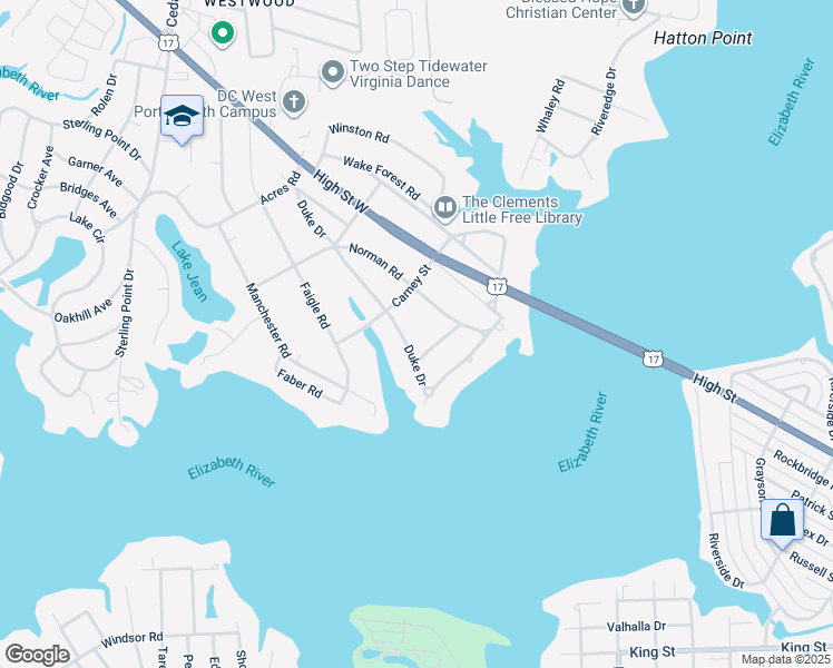 map of restaurants, bars, coffee shops, grocery stores, and more near 4404 Duke Drive in Portsmouth