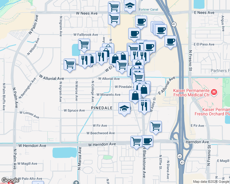 map of restaurants, bars, coffee shops, grocery stores, and more near 7306 North San Pablo Avenue in Fresno