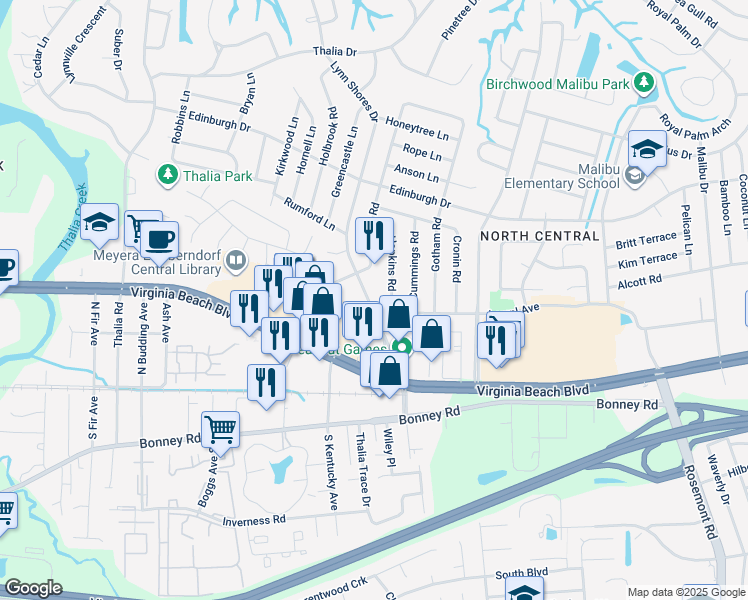 map of restaurants, bars, coffee shops, grocery stores, and more near 404 Lynn Shores Drive in Virginia Beach