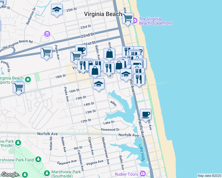 map of restaurants, bars, coffee shops, grocery stores, and more near 411 15th Street in Virginia Beach