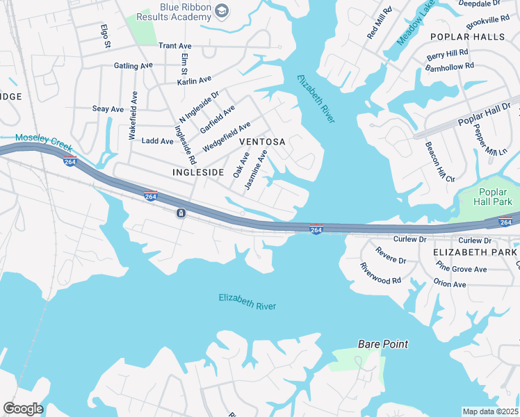 map of restaurants, bars, coffee shops, grocery stores, and more near 3727 Riverside Drive in Norfolk