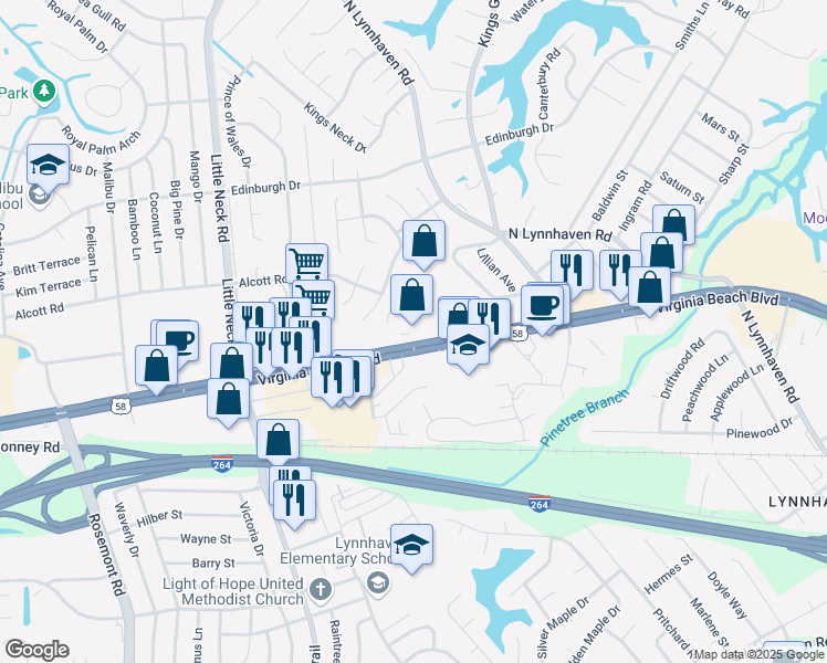 map of restaurants, bars, coffee shops, grocery stores, and more near 3234 Virginia Beach Boulevard in Virginia Beach