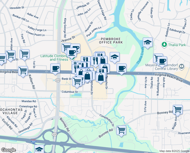 map of restaurants, bars, coffee shops, grocery stores, and more near 294 Constitution Drive in Virginia Beach