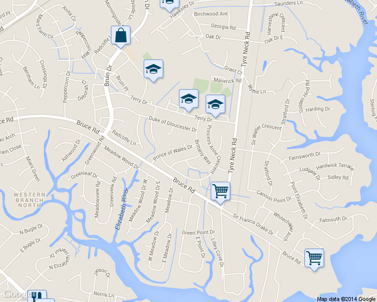 map of restaurants, bars, coffee shops, grocery stores, and more near 2941 Prince of Wales Drive in Chesapeake