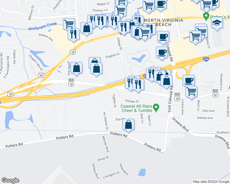 map of restaurants, bars, coffee shops, grocery stores, and more near 264 Fighter Drive in Virginia Beach