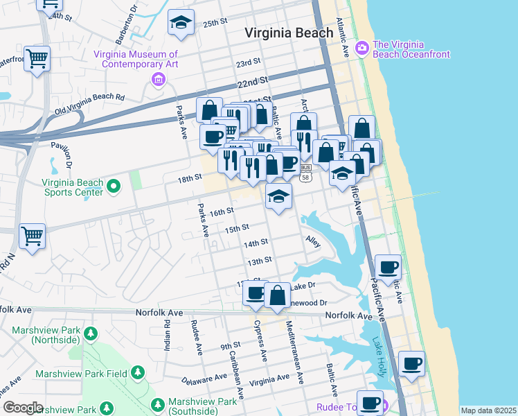map of restaurants, bars, coffee shops, grocery stores, and more near 600 16th Street in Virginia Beach