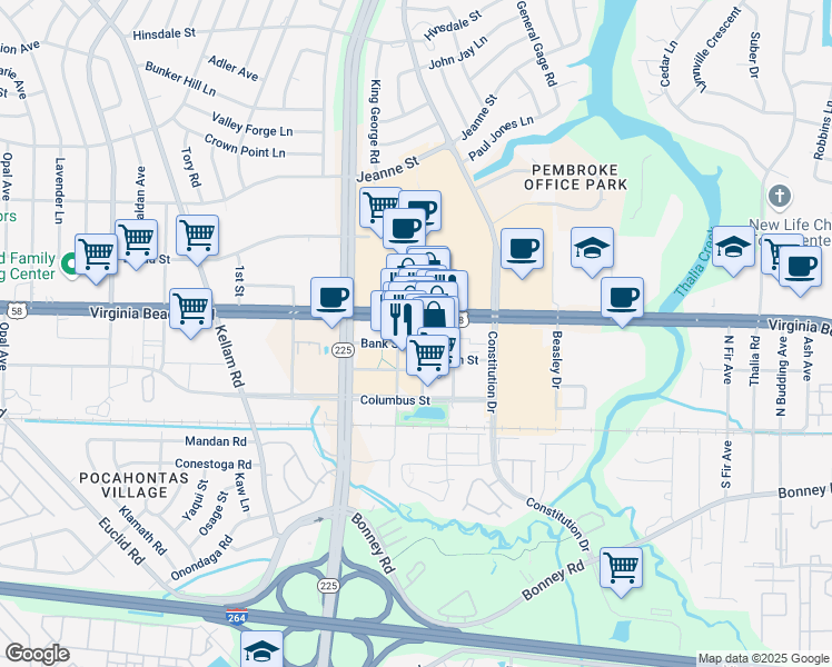 map of restaurants, bars, coffee shops, grocery stores, and more near 249 Central Park Avenue in Virginia Beach