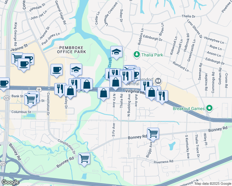 map of restaurants, bars, coffee shops, grocery stores, and more near 4317 Virginia Beach Boulevard in Virginia Beach