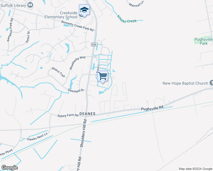 map of restaurants, bars, coffee shops, grocery stores, and more near 1109 Teton Circle in Suffolk