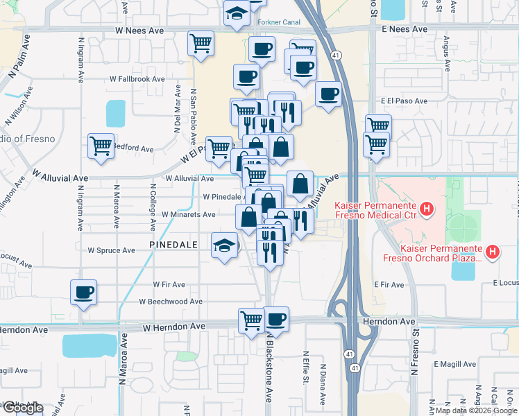 map of restaurants, bars, coffee shops, grocery stores, and more near 48 West Minarets Avenue in Fresno