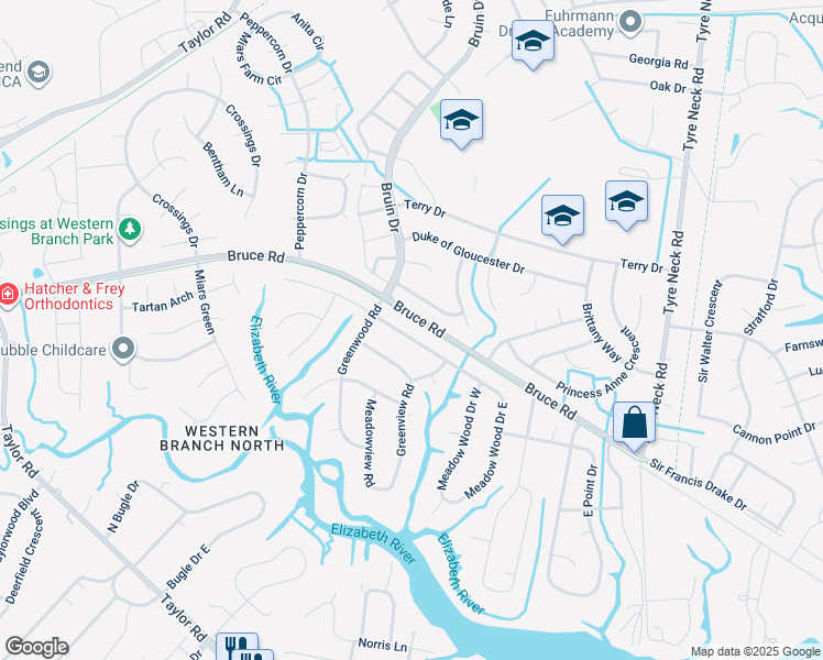 map of restaurants, bars, coffee shops, grocery stores, and more near 4248 Meadow Wood Drive in Chesapeake