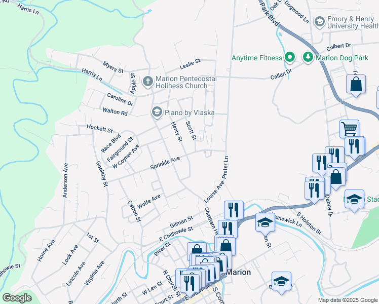map of restaurants, bars, coffee shops, grocery stores, and more near 505 Sprinkle Avenue in Marion