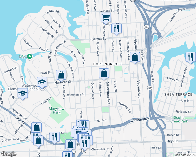 map of restaurants, bars, coffee shops, grocery stores, and more near 656 Florida Avenue in Portsmouth