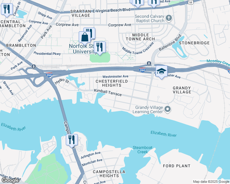 map of restaurants, bars, coffee shops, grocery stores, and more near 2626 Kimball Terrace in Norfolk