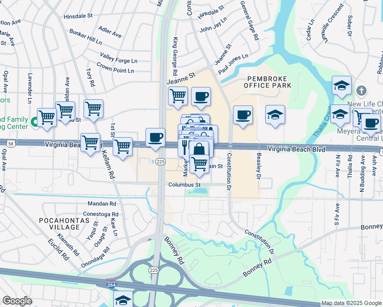 map of restaurants, bars, coffee shops, grocery stores, and more near 249 Central Park Avenue in Virginia Beach