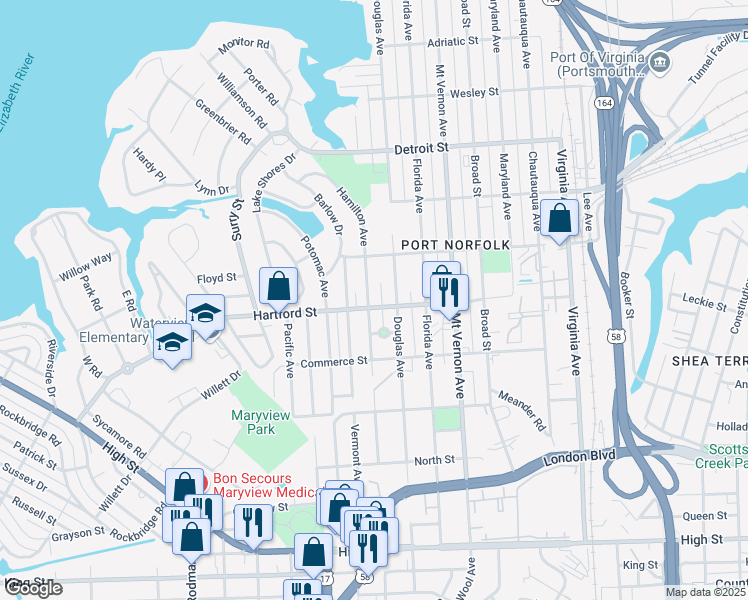 map of restaurants, bars, coffee shops, grocery stores, and more near 643 Hamilton Avenue in Portsmouth
