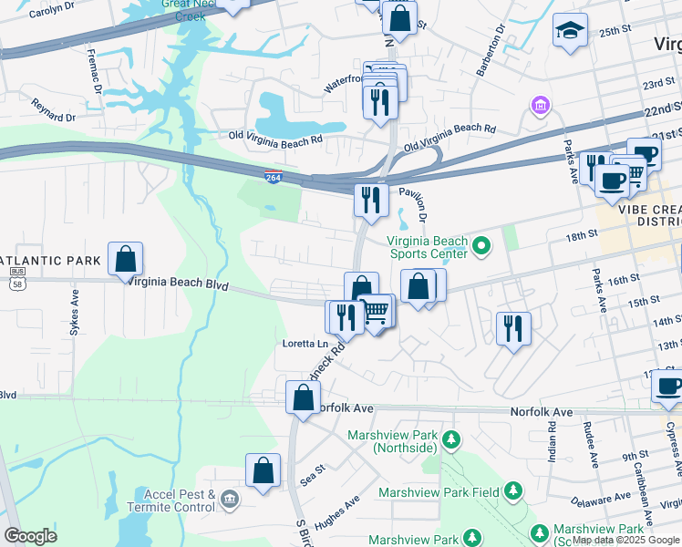 map of restaurants, bars, coffee shops, grocery stores, and more near 1107 Carver Avenue in Virginia Beach