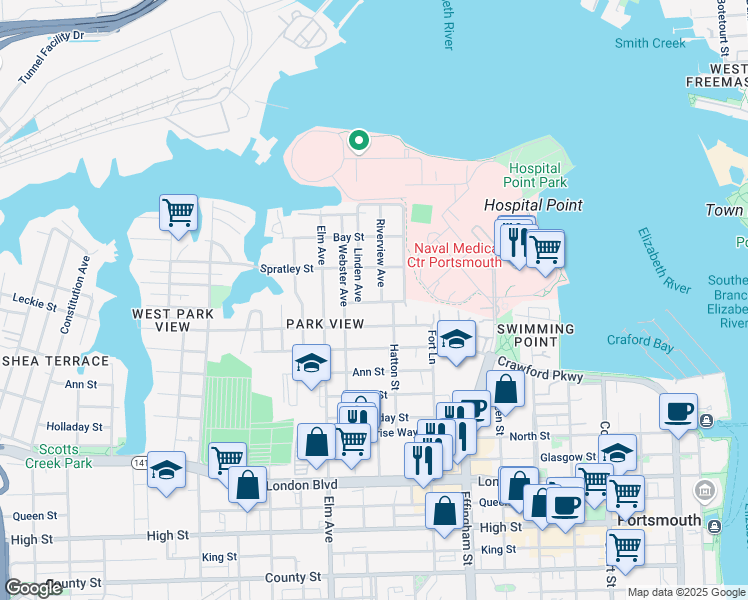 map of restaurants, bars, coffee shops, grocery stores, and more near 1028 Naval Avenue in Portsmouth
