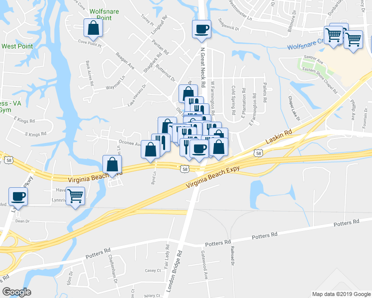 map of restaurants, bars, coffee shops, grocery stores, and more near 2346 Virginia Beach Boulevard in Virginia Beach