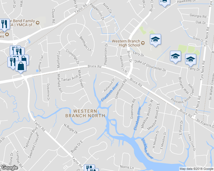 map of restaurants, bars, coffee shops, grocery stores, and more near 2821 Ashwood Drive in Chesapeake