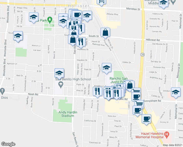map of restaurants, bars, coffee shops, grocery stores, and more near 1136 Prune Street in Hollister