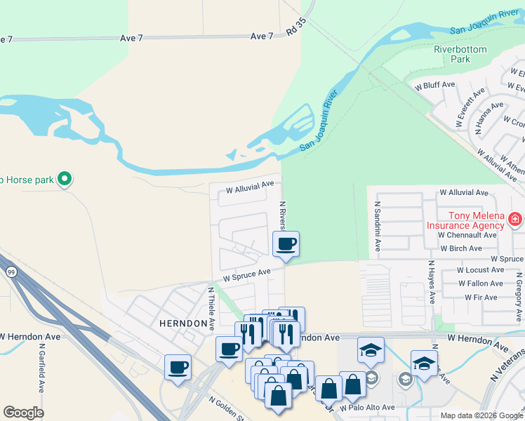 map of restaurants, bars, coffee shops, grocery stores, and more near 7426 North Lacey Drive in Fresno