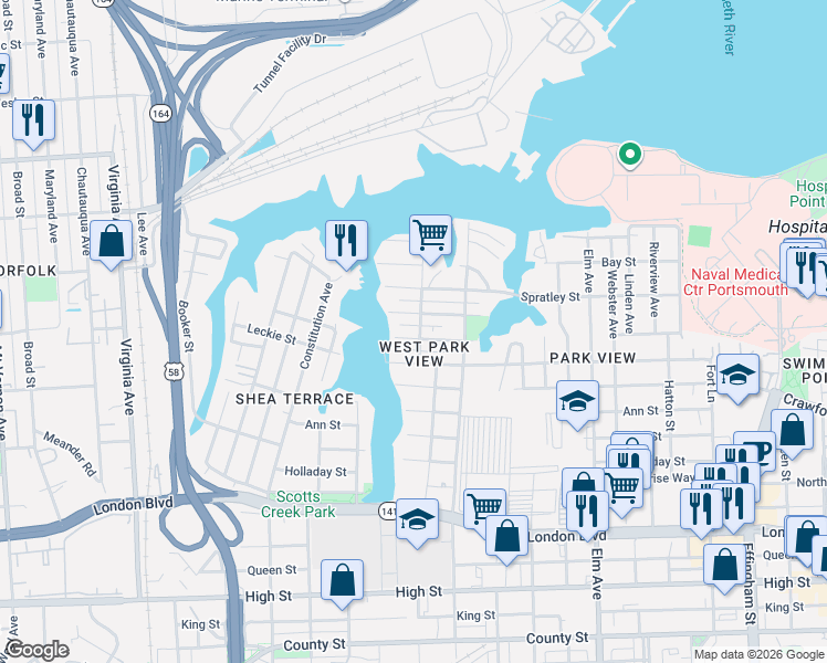 map of restaurants, bars, coffee shops, grocery stores, and more near 1708 McDaniel Street in Portsmouth
