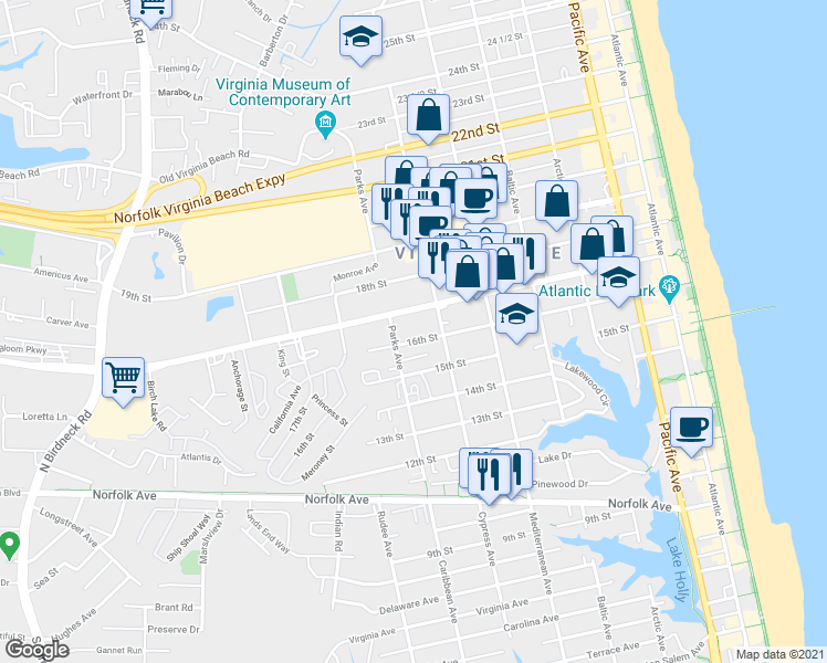 map of restaurants, bars, coffee shops, grocery stores, and more near 721 16th Street in Virginia Beach